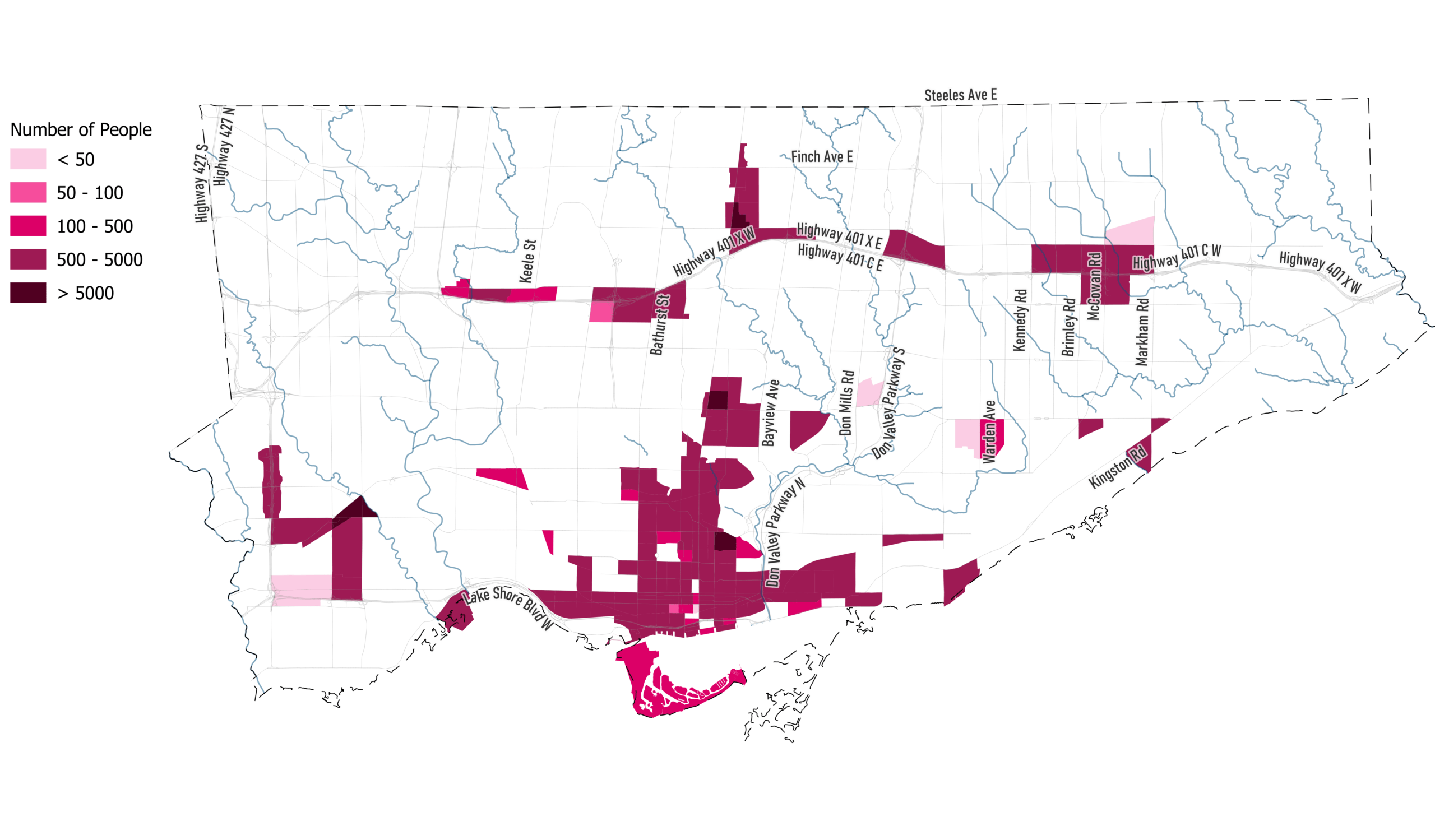 Map of Toronto with different neighbourhoods highlighted in different shades of pink. 