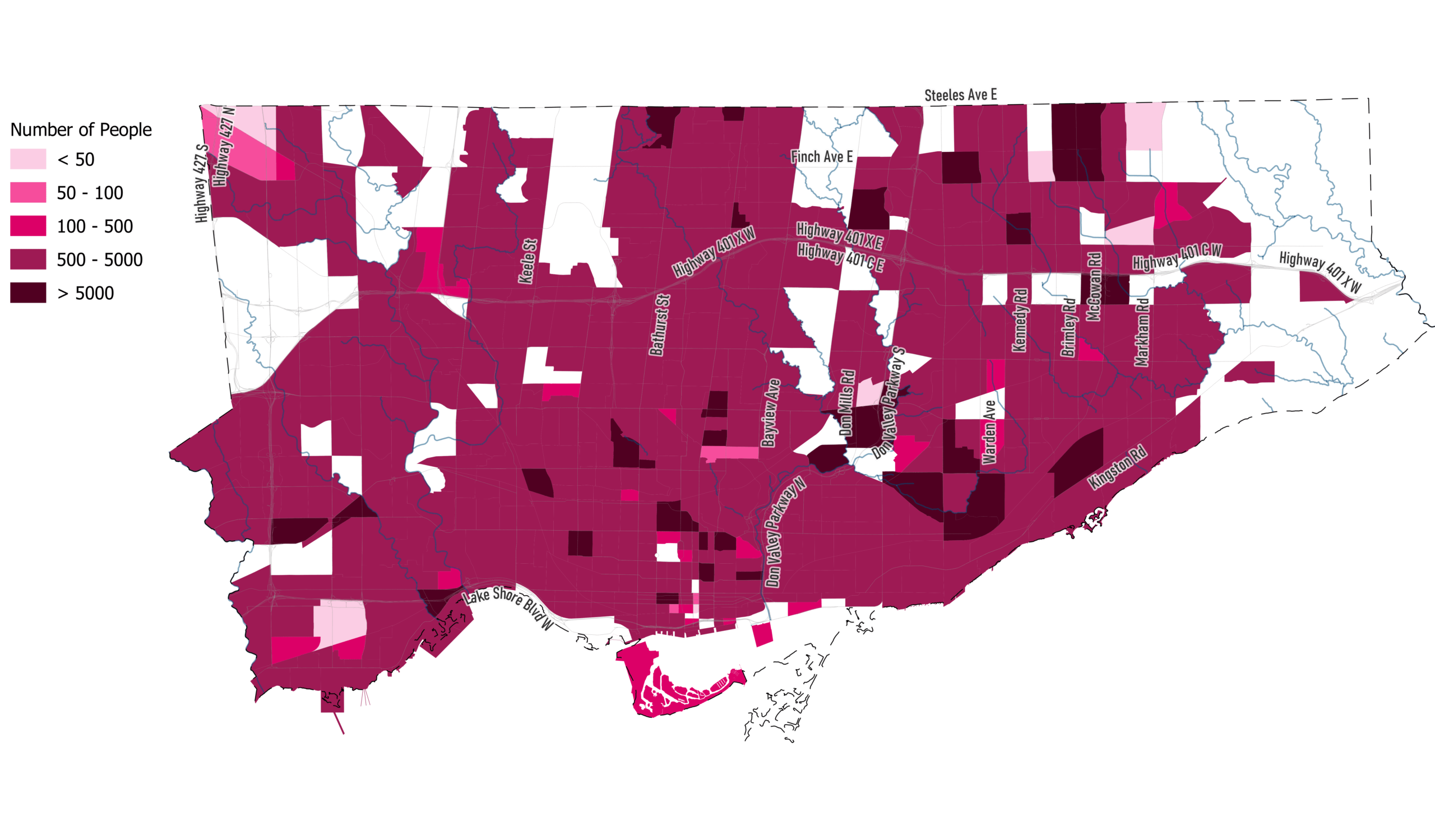 Map of Toronto with different neighbourhoods highlighted in different shades of pink. 
