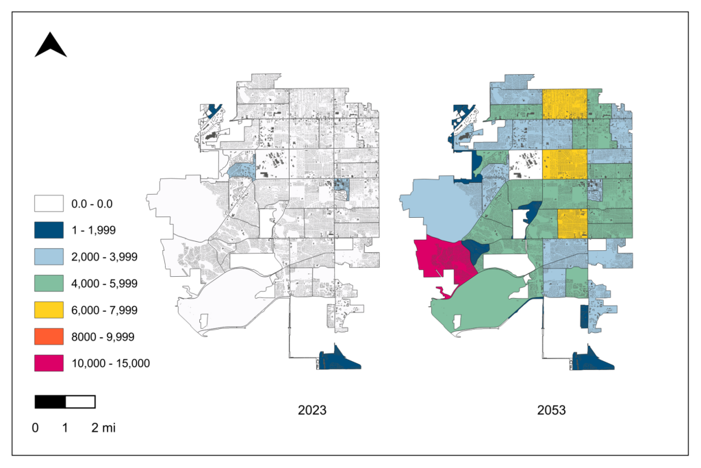 Side by side maps of Lakewood, CO with different blocks of the map coloured based on the population of vulnerable people exposed to high nighttime temperatures. The map on the left depicting 2023 shows small areas coloured in navy blue and sky blue. The map on the left depicting 2053 under RCP 8.5, is covered entirely by different colours indicating all areas of the City will have some number of vulnerable residents exposed to high nighttime temperatures. 